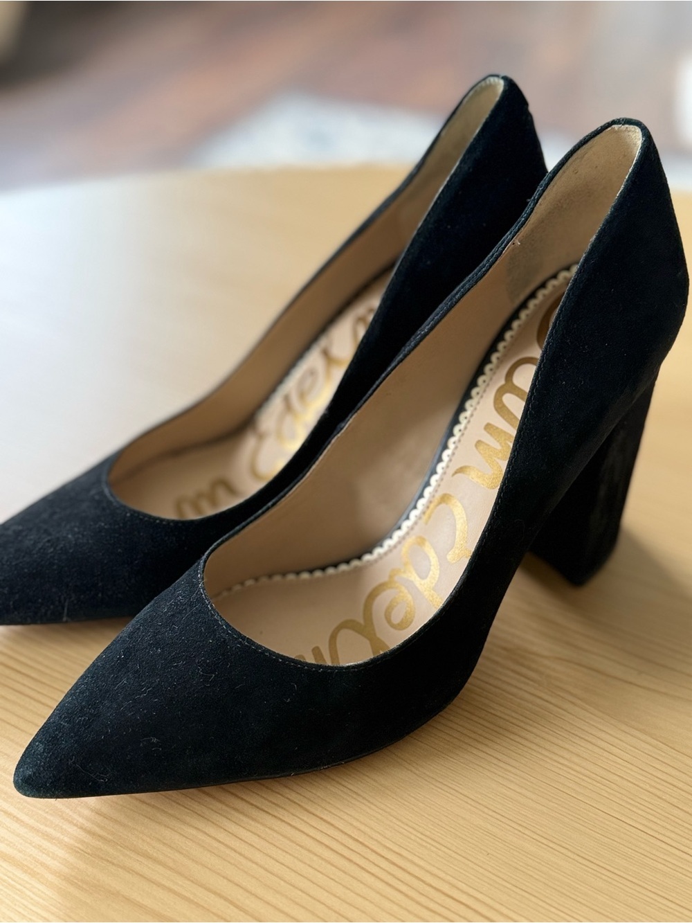 Sam Edelman Black Suede Pointed Toe Block Heel Pumps Leather Designer Heels - Picture 4 of 6